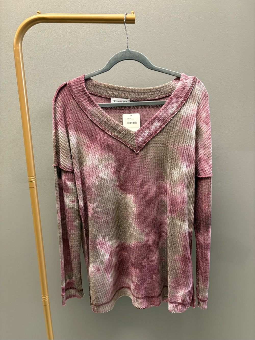 First Love Olive and Pink Tie-Dye Waffle V-Neck Long Sleeve Top